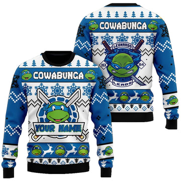Custom Name Teenage Mutant Ninja Turtles Leonardo Leads Ugly Christmas Sweater 2025 Blue – Moonbestprint