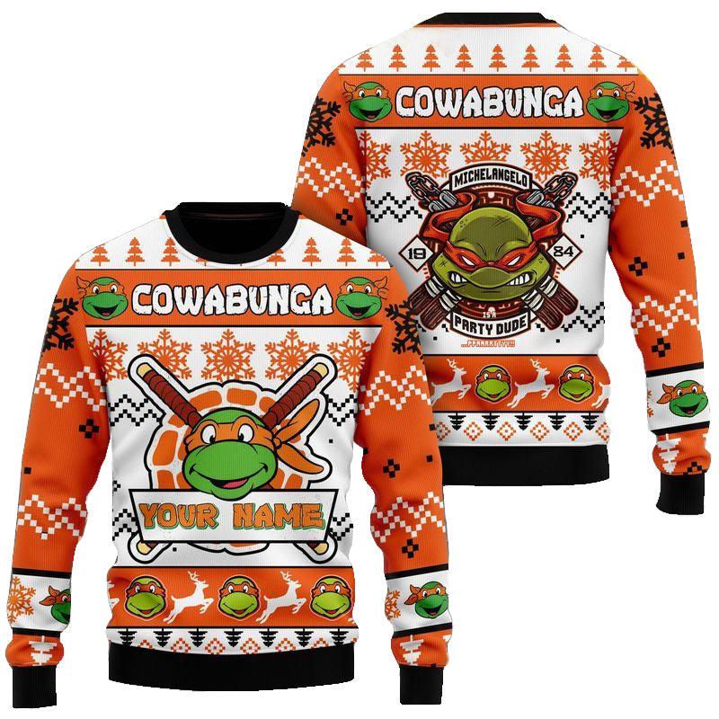 Custom Name Teenage Mutant Ninja Turtles Michelangelo Party Dude Ugly Christmas Sweater 2025 Orange – Moonbestprint