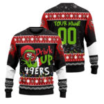 Custom Name and Number 2025 49ers Drink Up Grnch Christmas Ugly Sweater – Moonbestprint
