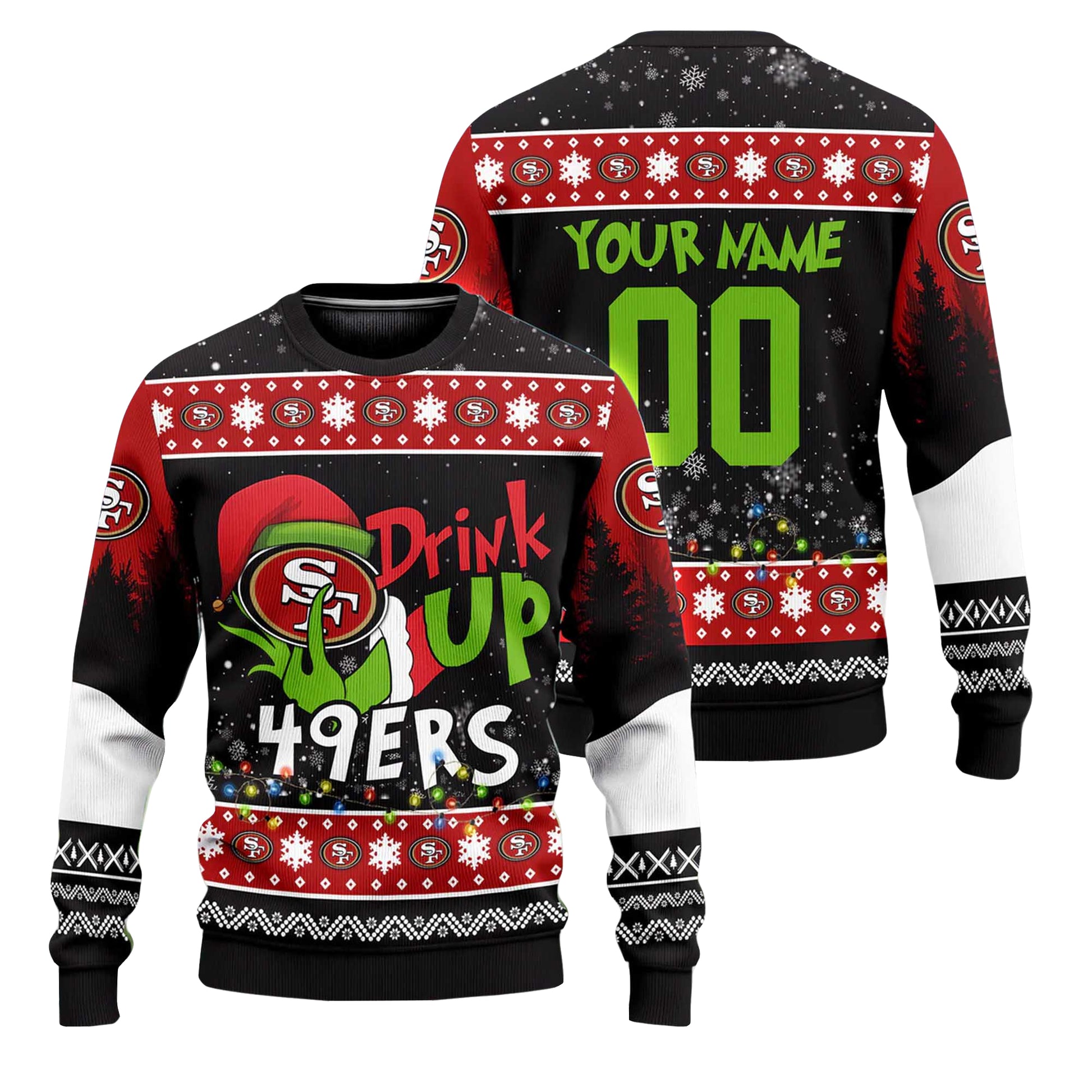 Custom Name and Number 2025 49ers Drink Up Grnch Christmas Ugly Sweater – Moonbestprint