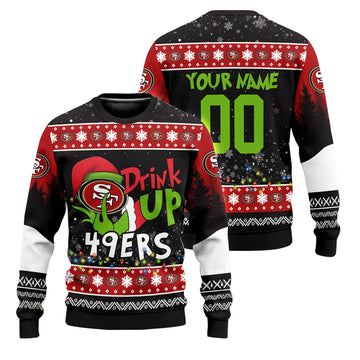 Custom Name and Number 2025 49ers Drink Up Grnch Christmas Ugly Sweater – Moonbestprint