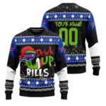 Custom Name and Number 2025 Bills Drink Up Grnch Christmas Ugly Sweater – Moonbestprint