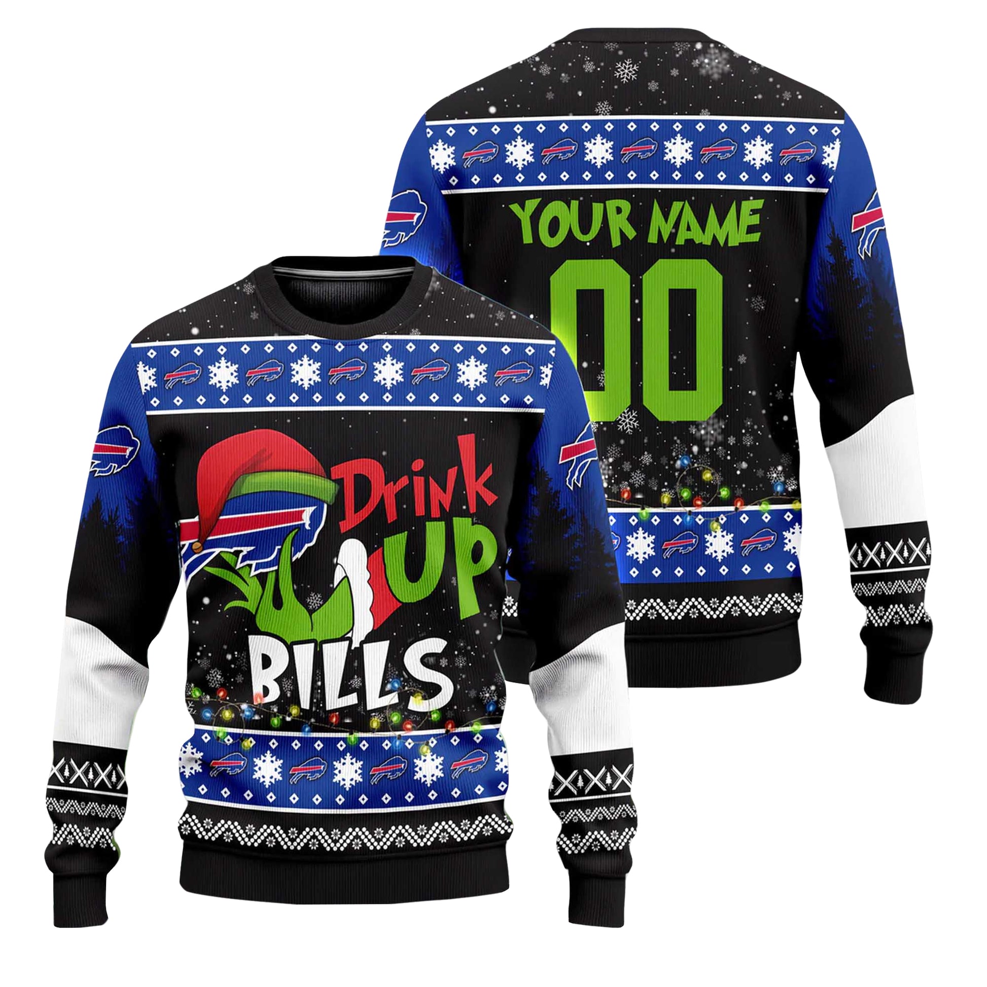 Custom Name and Number 2025 Bills Drink Up Grnch Christmas Ugly Sweater – Moonbestprint