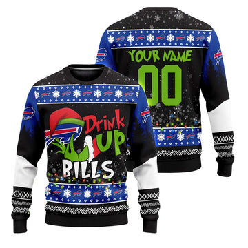Custom Name and Number 2025 Bills Drink Up Grnch Christmas Ugly Sweater – Moonbestprint