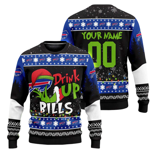 Custom Name and Number 2025 Bills Drink Up Grnch Christmas Ugly Sweater – Moonbestprint
