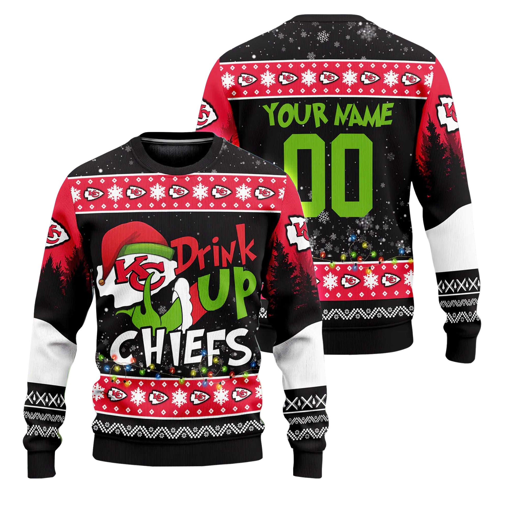 Custom Name and Number 2025 Chiefs Drink Up Grnch Christmas Ugly Sweater – Moonbestprint