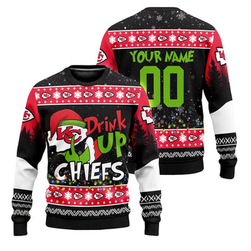 Custom Name and Number 2025 Chiefs Drink Up Grnch Christmas Ugly Sweater – Moonbestprint