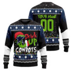 Custom Name and Number 2025 Cowboys Drink Up Grnch Christmas Ugly Sweater – Moonbestprint