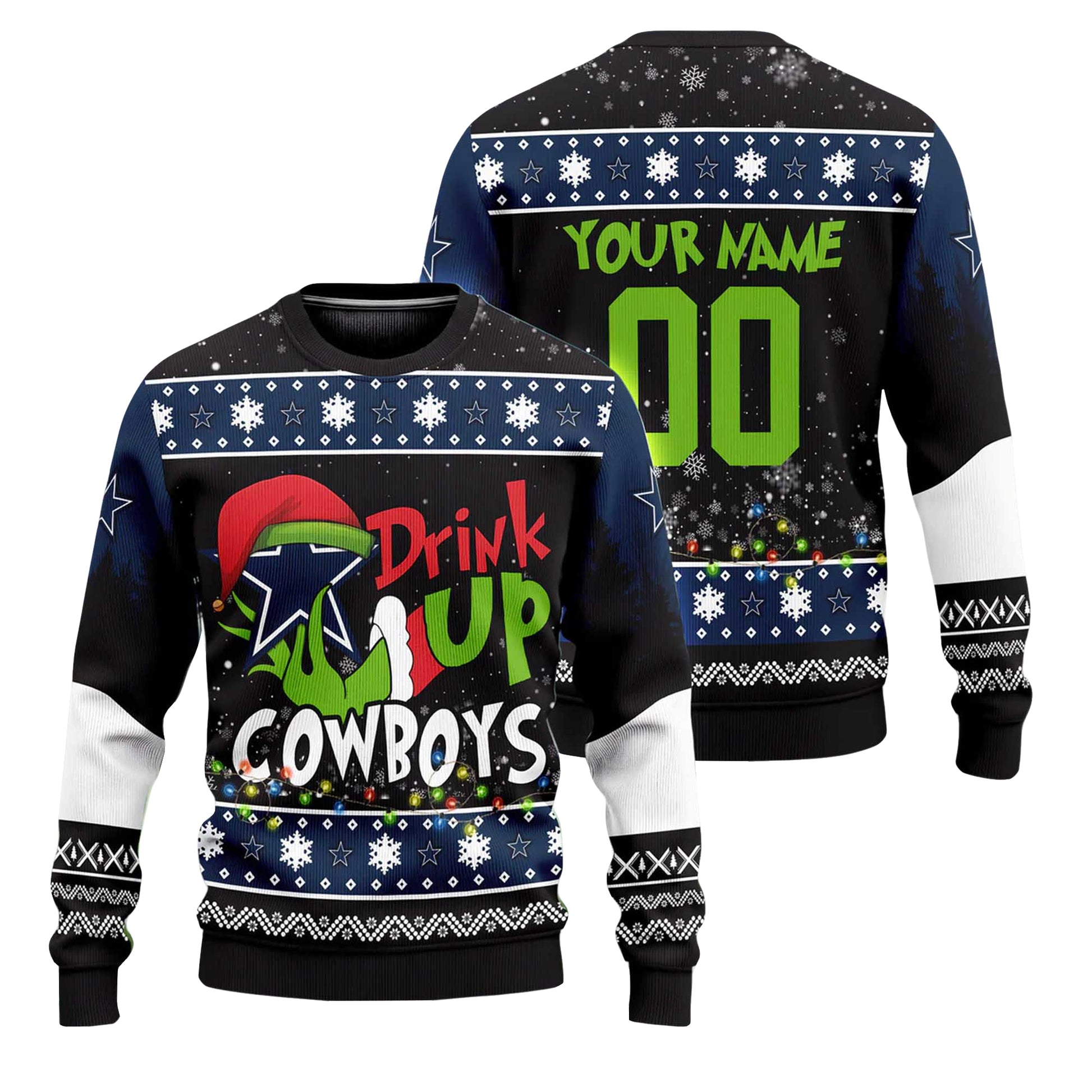 Custom Name and Number 2025 Cowboys Drink Up Grnch Christmas Ugly Sweater – Moonbestprint