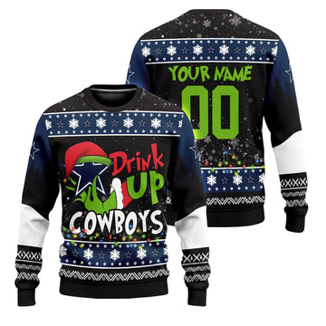 Custom Name and Number 2025 Cowboys Drink Up Grnch Christmas Ugly Sweater – Moonbestprint