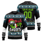 Custom Name and Number 2025 Eagles Drink Up Grnch Christmas Ugly Sweater – Moonbestprint