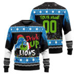 Custom Name and Number 2025 Lions Drink Up Grnch Christmas Ugly Sweater – Moonbestprint