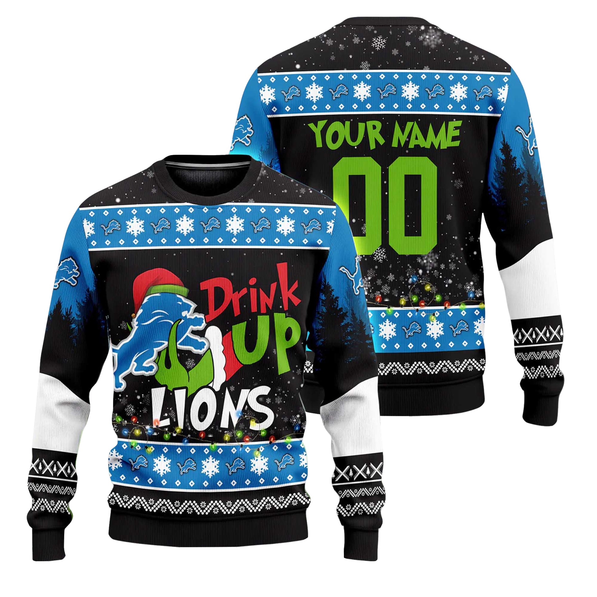 Custom Name and Number 2025 Lions Drink Up Grnch Christmas Ugly Sweater – Moonbestprint