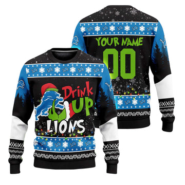 Custom Name and Number 2025 Lions Drink Up Grnch Christmas Ugly Sweater – Moonbestprint