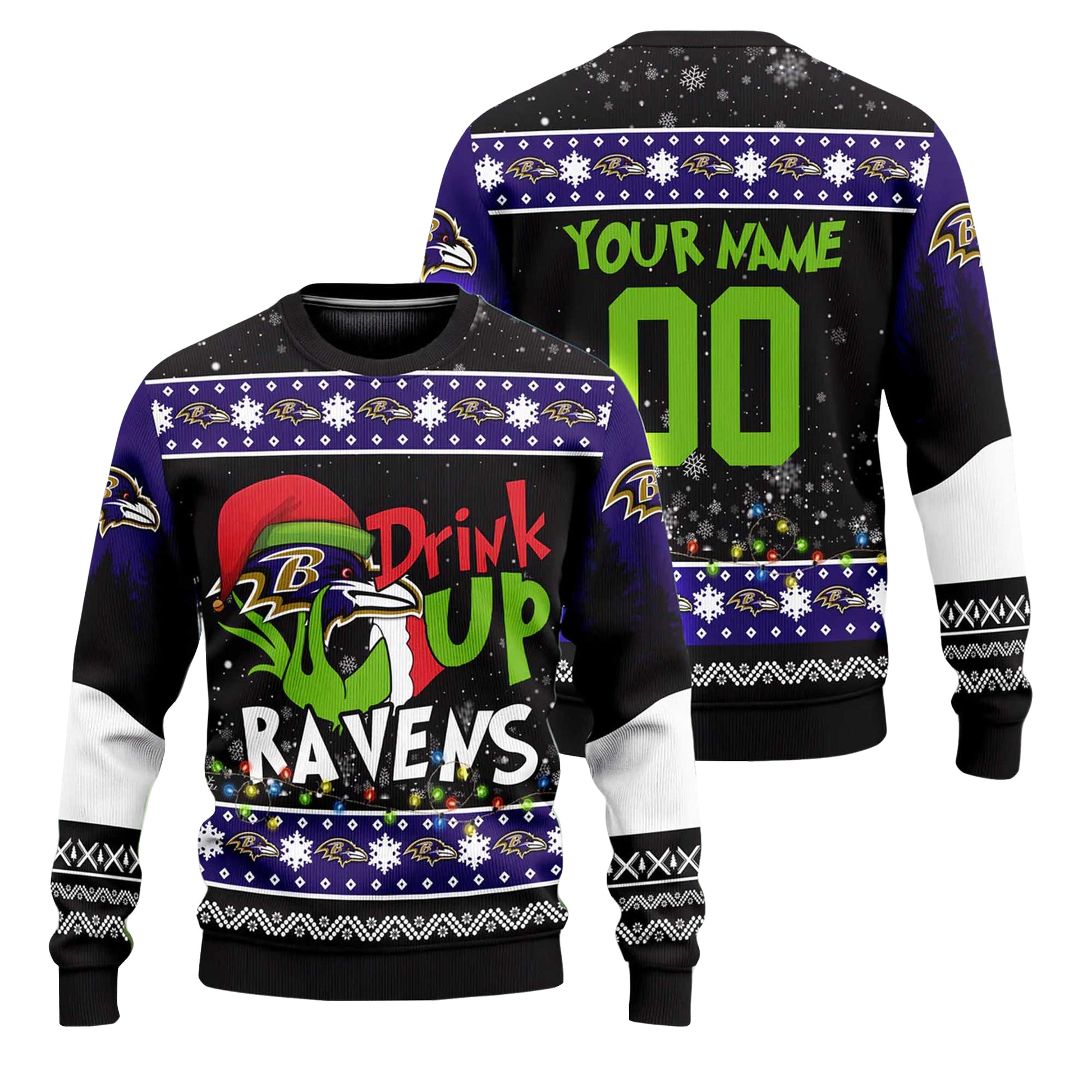 Custom Name and Number 2025 Ravens Drink Up Grnch Christmas Ugly Sweater – Moonbestprint