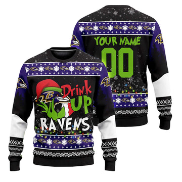 Custom Name and Number 2025 Ravens Drink Up Grnch Christmas Ugly Sweater – Moonbestprint