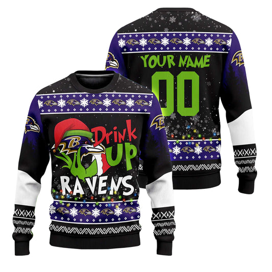 Custom Name and Number 2025 Ravens Drink Up Grnch Christmas Ugly Sweater – Moonbestprint