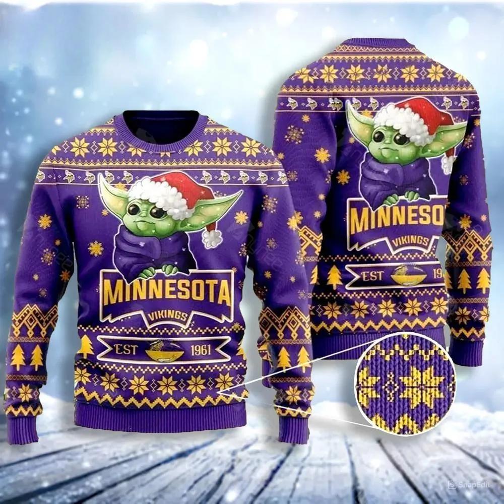 Cute Baby Yoda Grogu Minnesota Vikings Ugly Christmas Sweater, NFL Christmas Sweater Moonbestprint