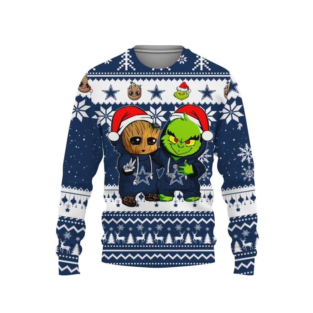 Dallas Cowboys Baby Groot And Grinch Best Friends Ugly Christmas Sweater, NFL Christmas Sweater Moonbestprint