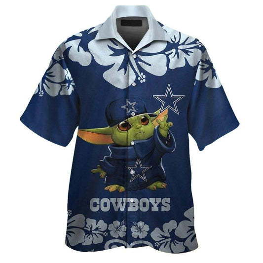 Dallas Cowboys Baby Yoda And Hibiscus Blue Pattern Hawaiian Shirt - Moonbestprint