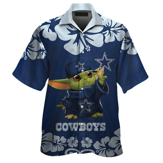 Dallas Cowboys Baby Yoda And Hibiscus Blue Pattern Hawaiian Shirt - Moonbestprint