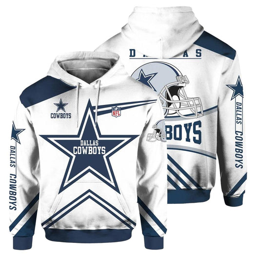 Dallas Cowboys Big Logo And Helmet White AOP Hoodie - Moonbestprint