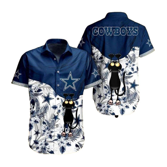 Dallas Cowboys Black Cat And Palm Leaves Hawaiian Shirt - Moonbestprint