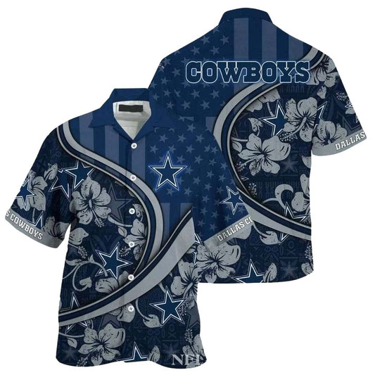Dallas Cowboys Blue Hibiscus And Us Flag Hawaiian Shirt - Moonbestprint