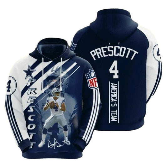 Dallas Cowboys Dak Prescott Blue White AOP Hoodie - Moonbestprint