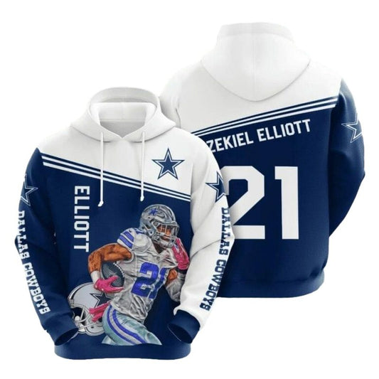 Dallas Cowboys Ezekiel Elliott 21 Blue White AOP Hoodie - Moonbestprint