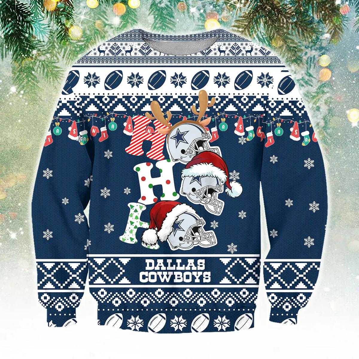 Dallas Cowboys Ho Ho Ho Ugly Christmas Sweater, NFL Christmas Sweater Moonbestprint