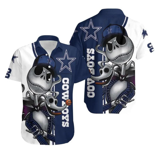 Dallas Cowboys Jack Skellington And Zero Hawaiian Shirt Print Short Sleeve Hawaiian Aloha Shirt, NFL Hawaiian Shirt Moonbestprint