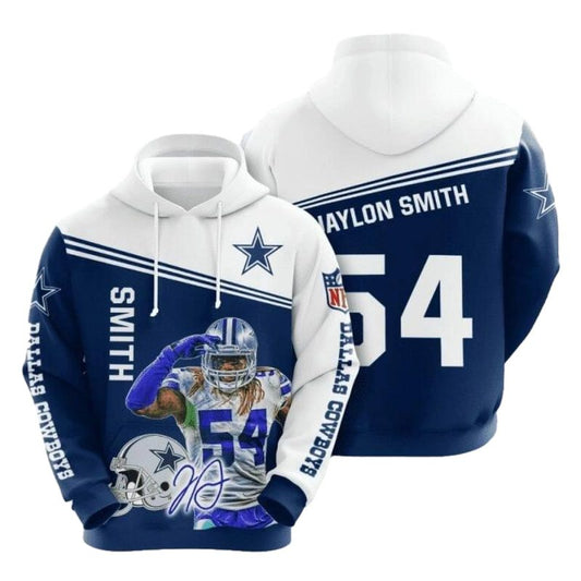 Dallas Cowboys Jaylon Smith 54 Signature Blue White AOP Hoodie - Moonbestprint