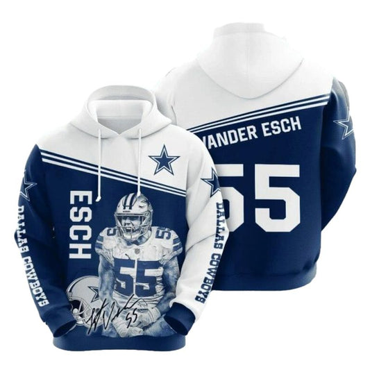 Dallas Cowboys Leighton Vander Esch 55 Blue White AOP Hoodie - Moonbestprint