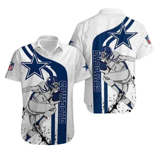 Dallas Cowboys Logo And Cartoon Player White Pattern Hawaiian Shirt - Moonbestprint