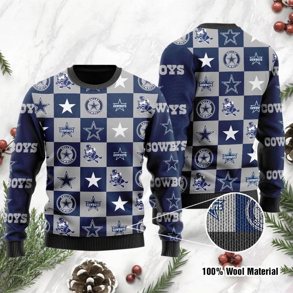 Dallas Cowboys Logo Checkered Flannel Ugly Christmas Sweater, NFL Christmas Sweater Moonbestprint