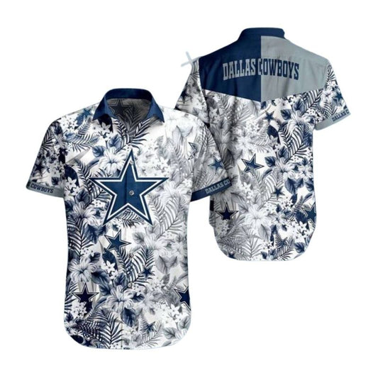 Dallas Cowboys Logo White And Navy Floral Hawaiian Shirt - Moonbestprint