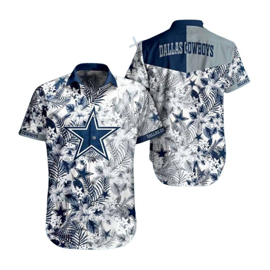Dallas Cowboys Logo White And Navy Floral Hawaiian Shirt - Moonbestprint