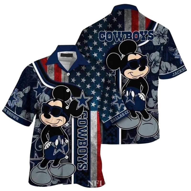 Dallas Cowboys Mickey And American Flag Hawaiian Shirt - Moonbestprint