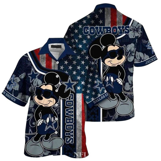 Dallas Cowboys Mickey And American Flag Hawaiian Shirt - Moonbestprint