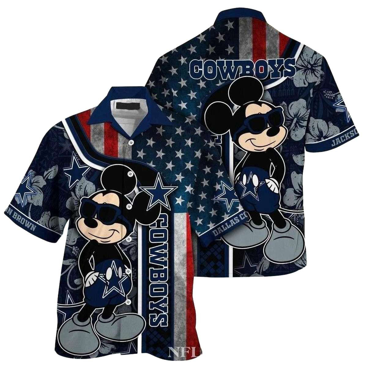 Dallas Cowboys Mickey And American Flag Hawaiian Shirt - Moonbestprint