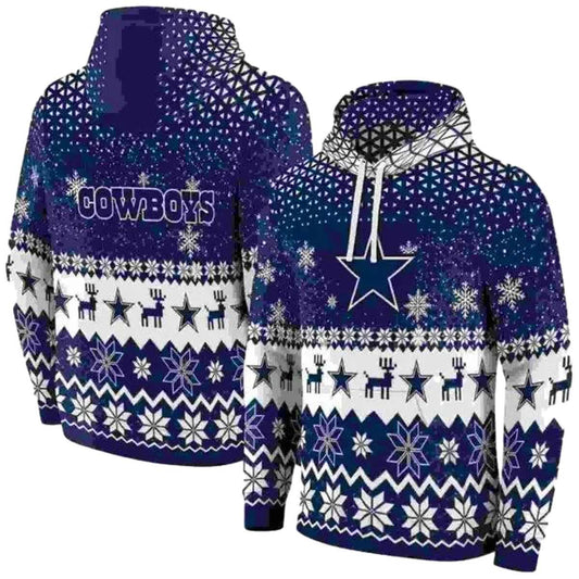 Dallas Cowboys Reindeer Motif Ugly Christmas Blue AOP Hoodie - Moonbestprint