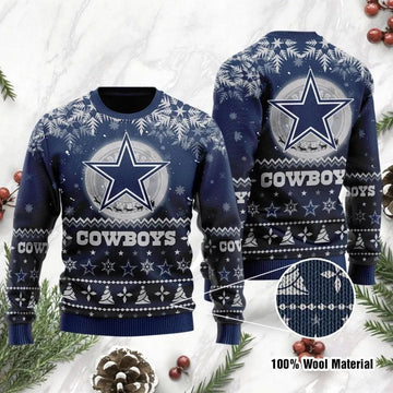 Dallas Cowboys Santa Claus In The Moon Ugly Christmas Sweater, NFL Christmas Sweater Moonbestprint