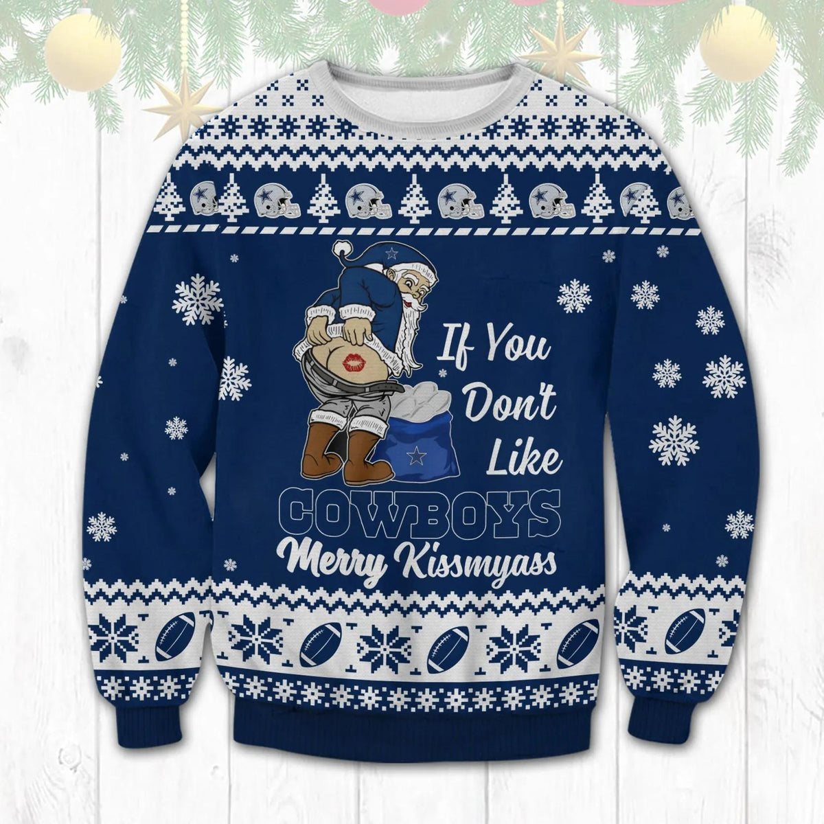 Dallas Cowboys Santa Kissmyass Ugly Christmas Sweater, NFL Christmas Sweater Moonbestprint