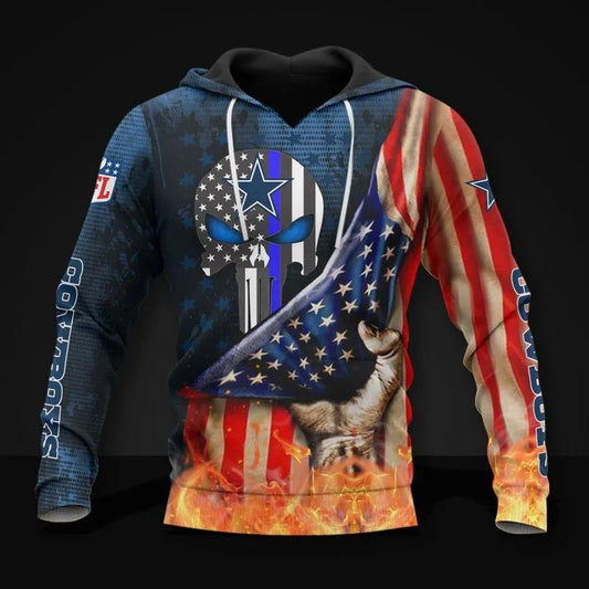 Dallas Cowboys Skull American Flag All Over Print Hoodie, NFL Hoodie Moonbestprint