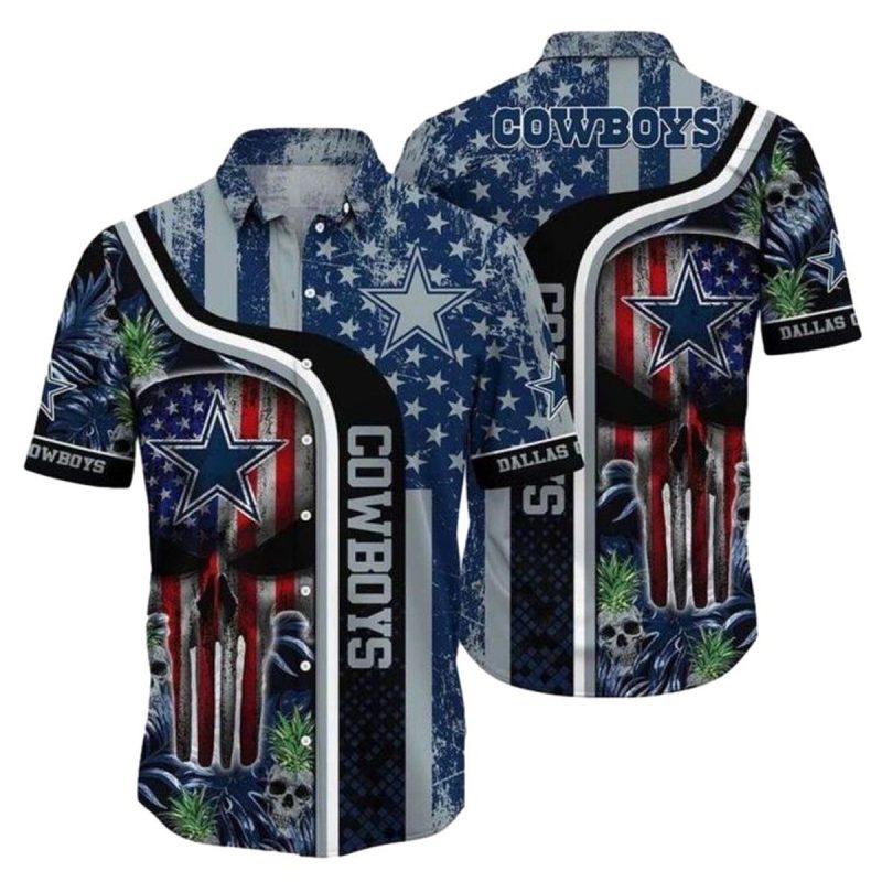 Dallas Cowboys Skull And American Flag Hawaiian Shirt - Moonbestprint