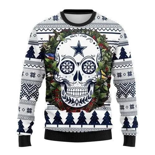 Dallas Cowboys Skull Flower Ugly Christmas Sweater, NFL Christmas Sweater Moonbestprint