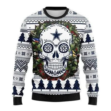 Dallas Cowboys Skull Flower Ugly Christmas Sweater, NFL Christmas Sweater Moonbestprint