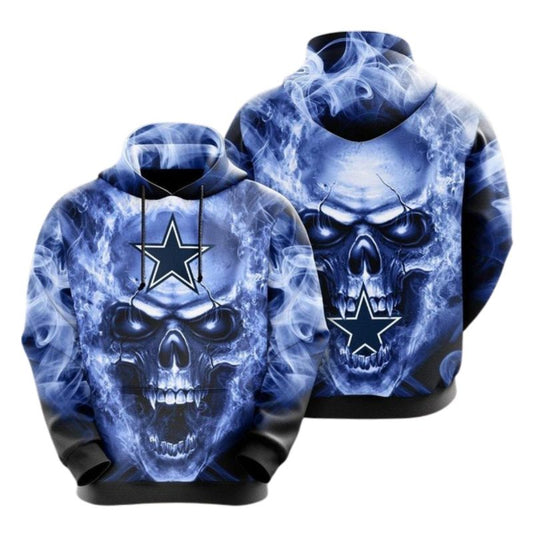 Dallas Cowboys Skull Light Blue Burning Smoke AOP Hoodie - Moonbestprint