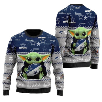 Dallas Cowboys Sweater Baby Grogu Hugs Rugby Ball Dallas Cowboys Ugly Sweater Gray Blue Unisex Adults New Release Moonbestprint